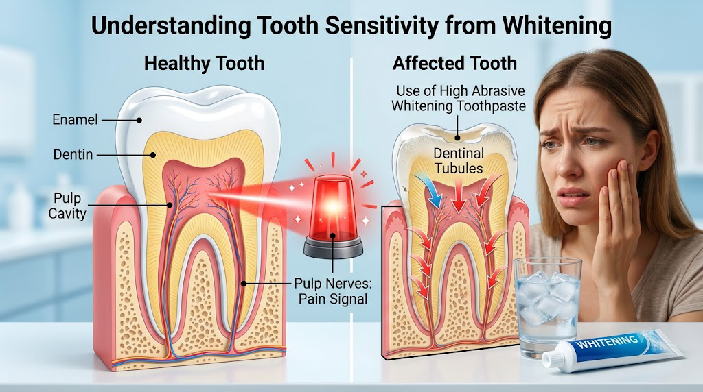Medical diagram showing how high-abrasive whitening toothpaste wears down enamel and exposes dentin, triggering sensitive teeth.