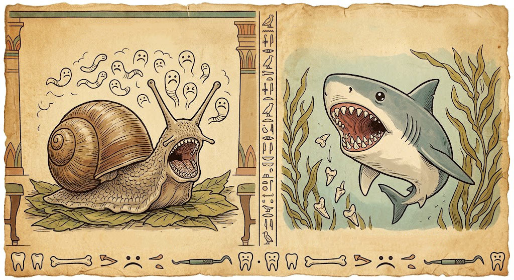 Fun dental facts about animals showing a garden snail and a shark with multiple rows of teeth.