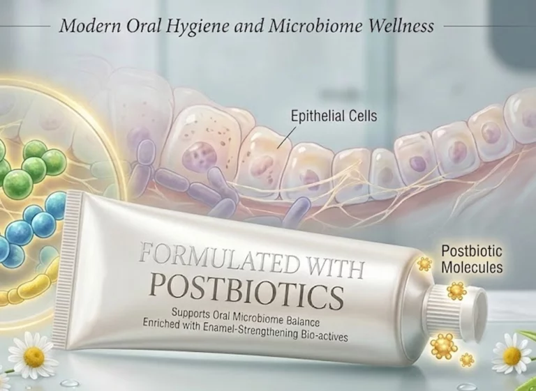 Postbiotics in oral care premium toothpaste product display with natural elements