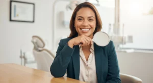 A confident woman in a dental clinic showcasing a naturally bright smile, representing the ideal results achieved through the best ways to whiten teeth.