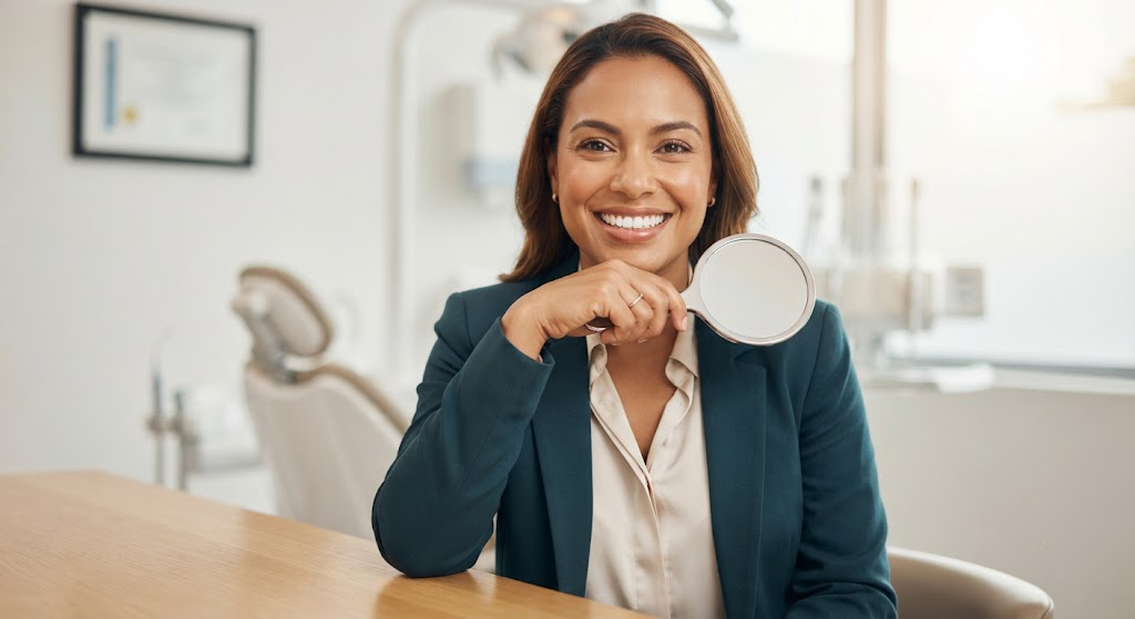A confident woman in a dental clinic showcasing a naturally bright smile, representing the ideal results achieved through the best ways to whiten teeth.