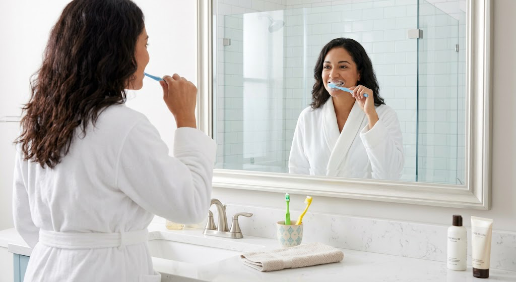 A woman in a bright bathroom smiling while brushing her teeth with a pea-sized amount of toothpaste.