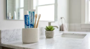 Multiple toothpaste tubes stored upright in a decorative holder on a clean bathroom counter, demonstrating proper toothpaste storage tips.