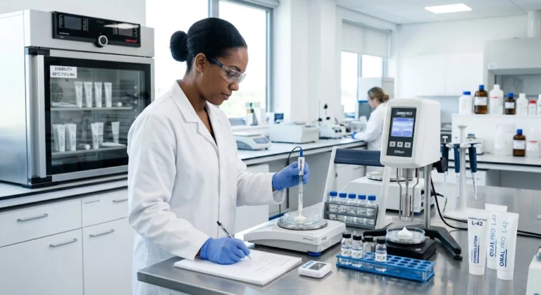 A researcher conducting toothpaste stability testing in a modern laboratory environment.
