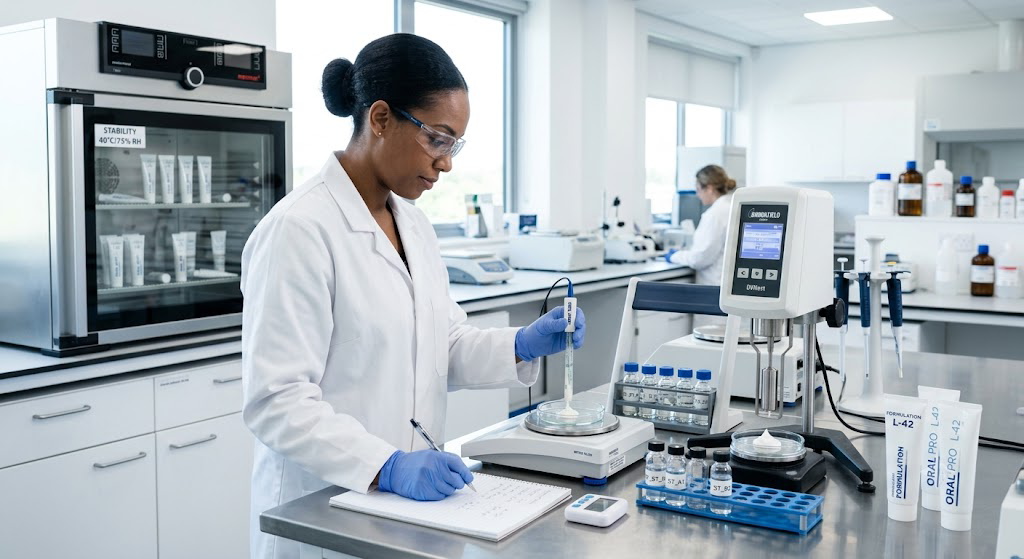 A researcher conducting toothpaste stability testing in a modern laboratory environment.
