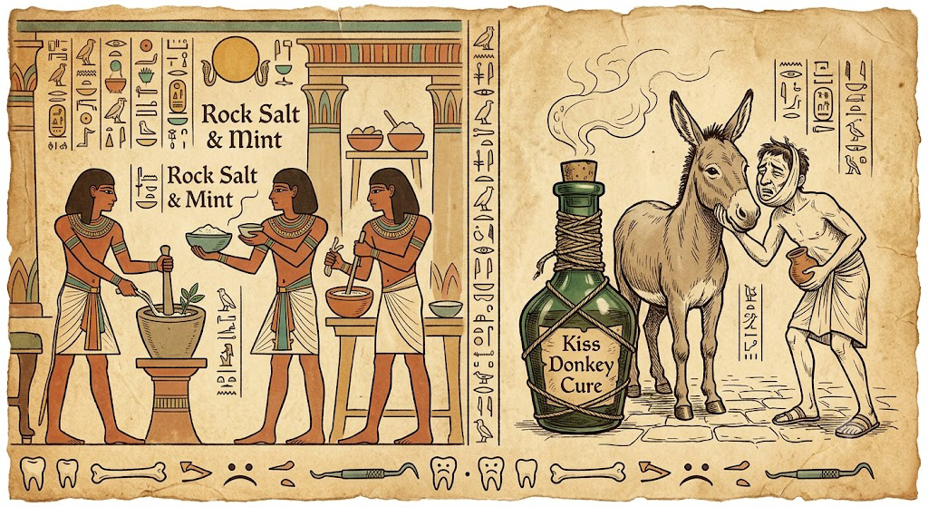 Fun dental facts illustration representing ancient Egyptian toothpaste ingredients and medieval tooth remedies.