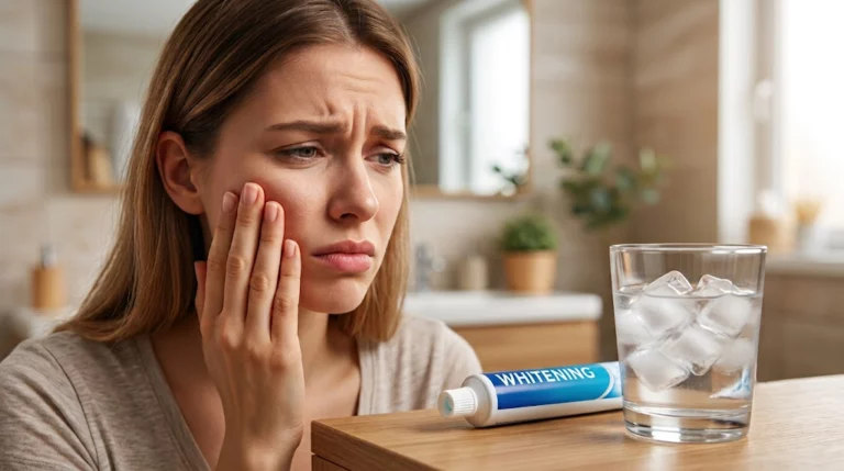 A woman experiencing sharp tooth pain after using traditional whitening toothpaste.