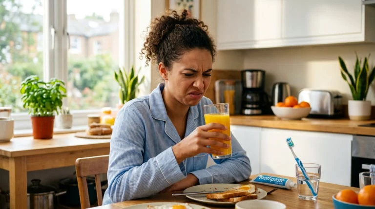 Woman looking confused while drinking orange juice after brushing teeth, illustrating why does orange juice taste bad after brushing.