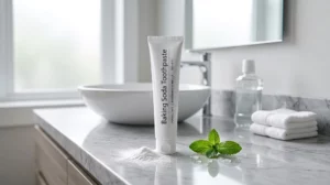 A clean, minimalist white tube of baking soda toothpaste standing on a marble bathroom counter next to fresh mint leaves and a small pile of fine sodium bicarbonate powder.