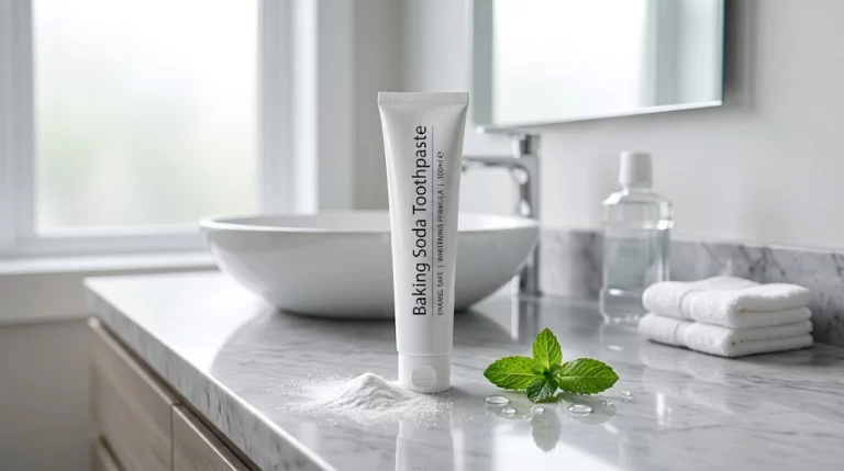 A clean, minimalist white tube of baking soda toothpaste standing on a marble bathroom counter next to fresh mint leaves and a small pile of fine sodium bicarbonate powder.