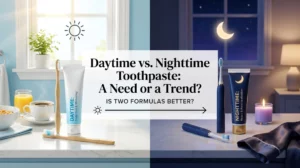A comparison graphic with a bright morning scene on the left and a calm evening scene on the right, illustrating the debate of daytime vs nighttime toothpaste.