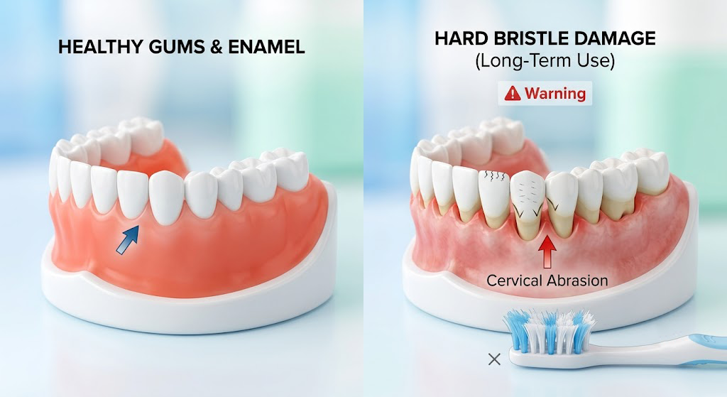 Comparison of healthy enamel and tooth wear caused by hard bristle brushing