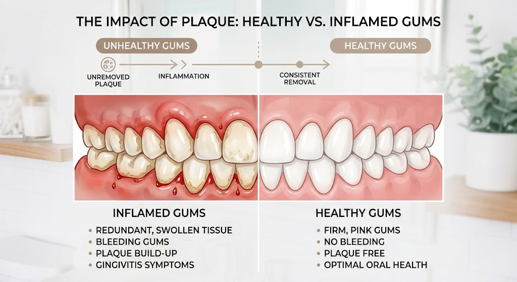 Comparison infographic showing inflamed bleeding gums versus healthy pink gums