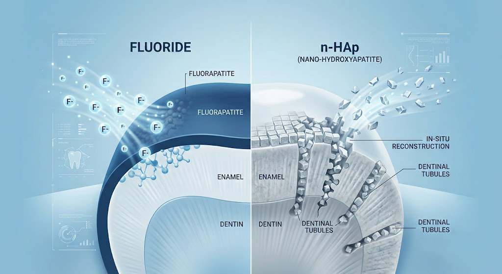Scientific illustration showing how nano-hydroxyapatite toothpaste remineralizes tooth enamel compared to fluoride.