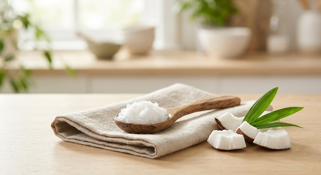 Premium organic coconut oil in a spoon used as a natural alternative for safe teeth whitening.