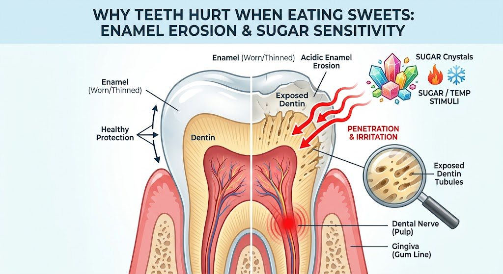 A diagram explaining why teeth hurt when eating sweets due to enamel erosion, showing exposed dentin and sugar stimuli irritating the dental nerve.