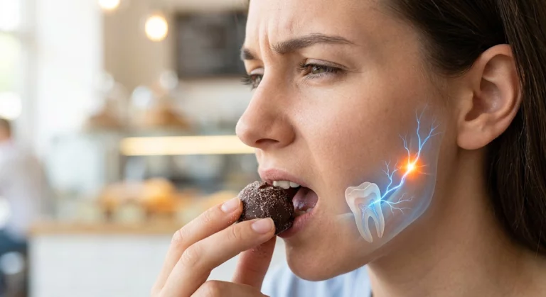 A woman wincing in pain while biting into a chocolate truffle, with a conceptual graphic overlay showing why teeth hurt when eating sweets due to an exposed tooth nerve.
