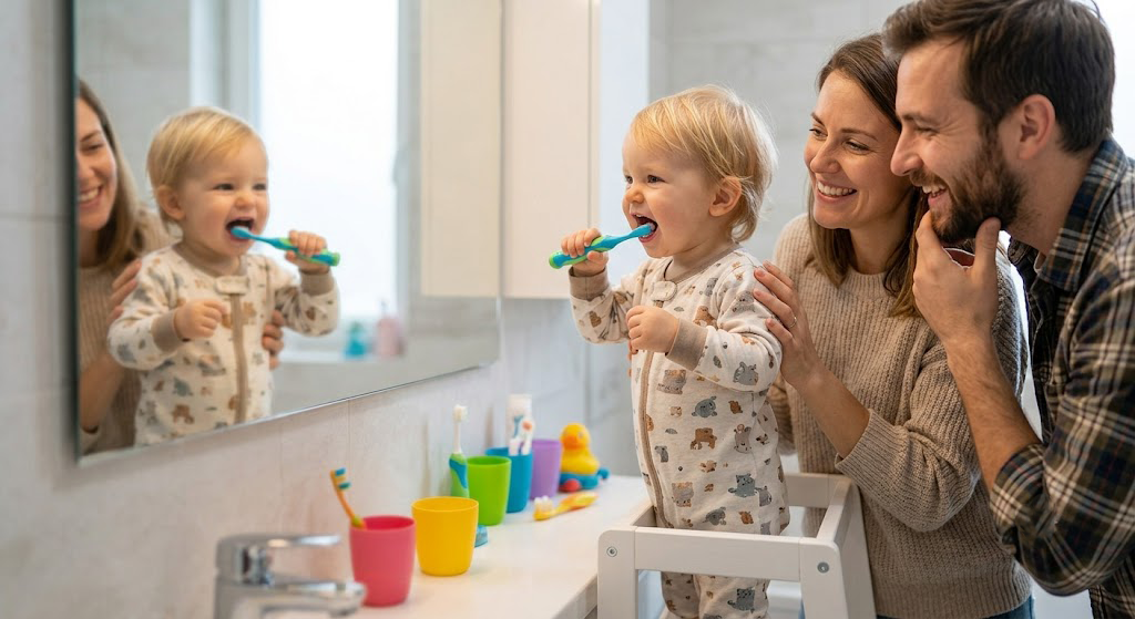 Toddler learning how to brush teeth with kids toothbrush