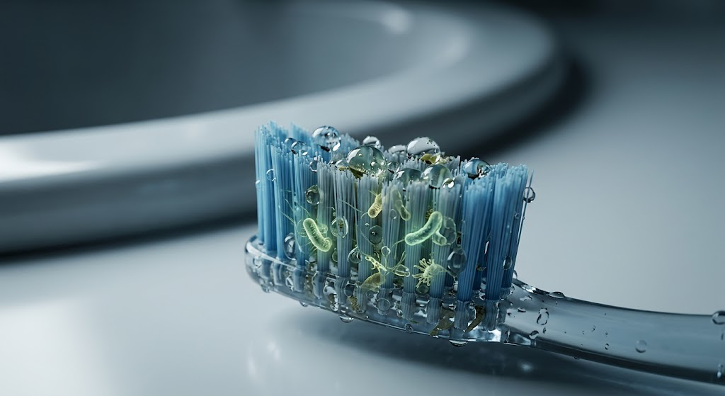 Toothbrush harboring germs near a bathroom toilet