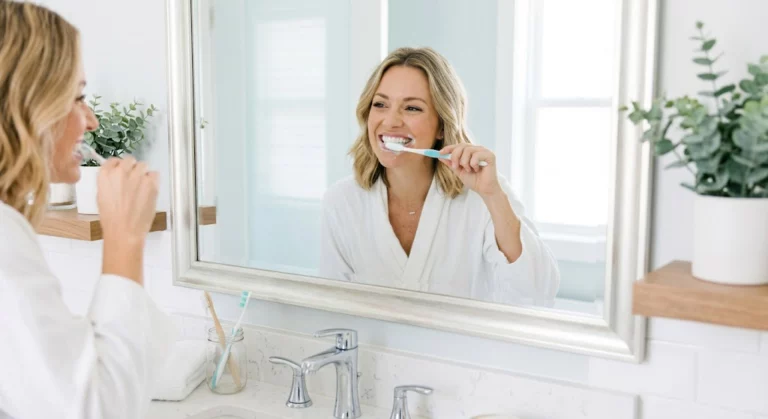 A person with a healthy smile brushing teeth gently to prevent bleeding gums