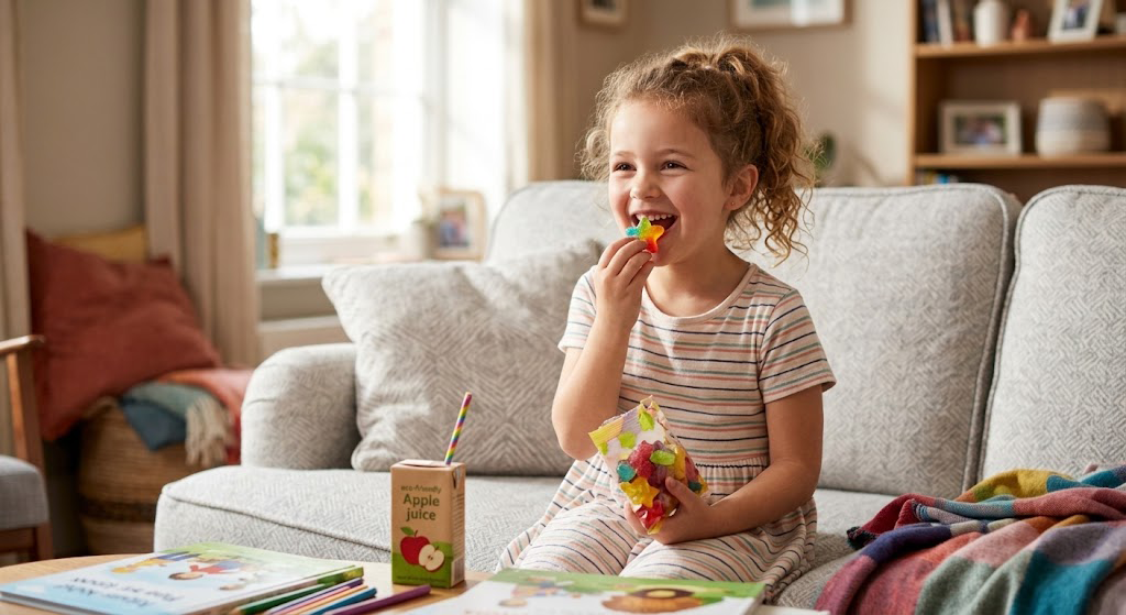 Young child eating sweet gummy snacks and fruit juice