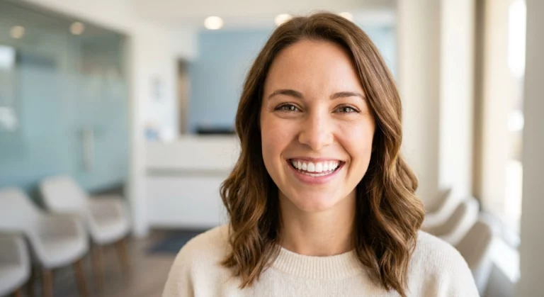 A cheerful woman with a bright smile showcasing the results of how to whiten teeth safely.