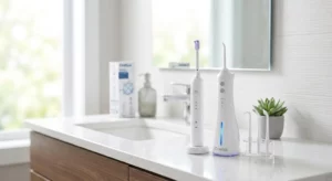 An electric toothbrush and a cordless water flosser sitting on a bathroom countertop.