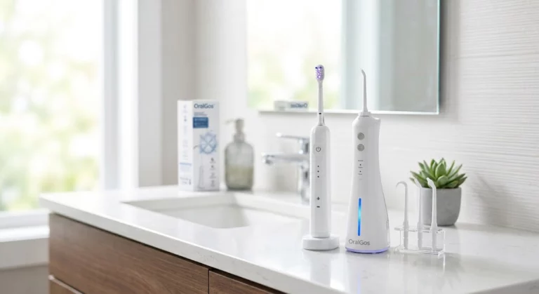 An electric toothbrush and a cordless water flosser sitting on a bathroom countertop.