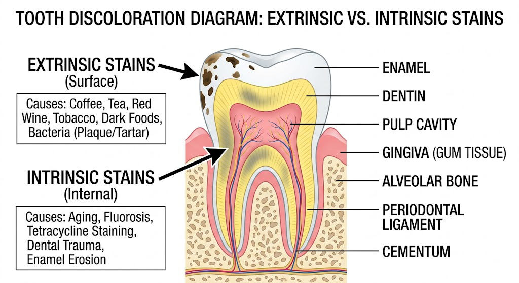 Diagram showing the difference between extrinsic and intrinsic tooth stains for understanding how to whiten teeth effectively.