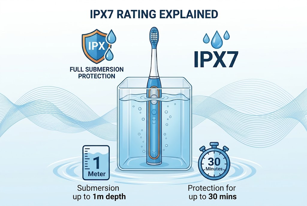Diagram explaining IPX7 waterproof rating standard for oral care electronics
