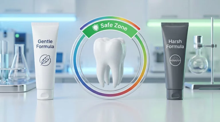 3D comparison of a low abrasive whitening toothpaste versus a harsh formula on the RDA scale