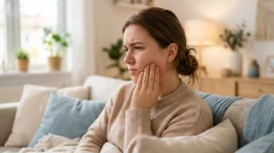 A young person holding their painful jaw at home, seeking wisdom teeth pain relief.