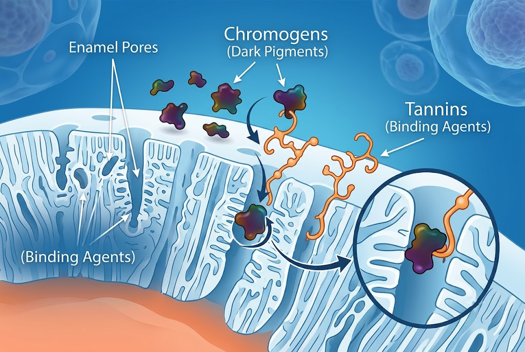 Diagram showing how tannins and chromogens attach to tooth enamel pores causing teeth stains.