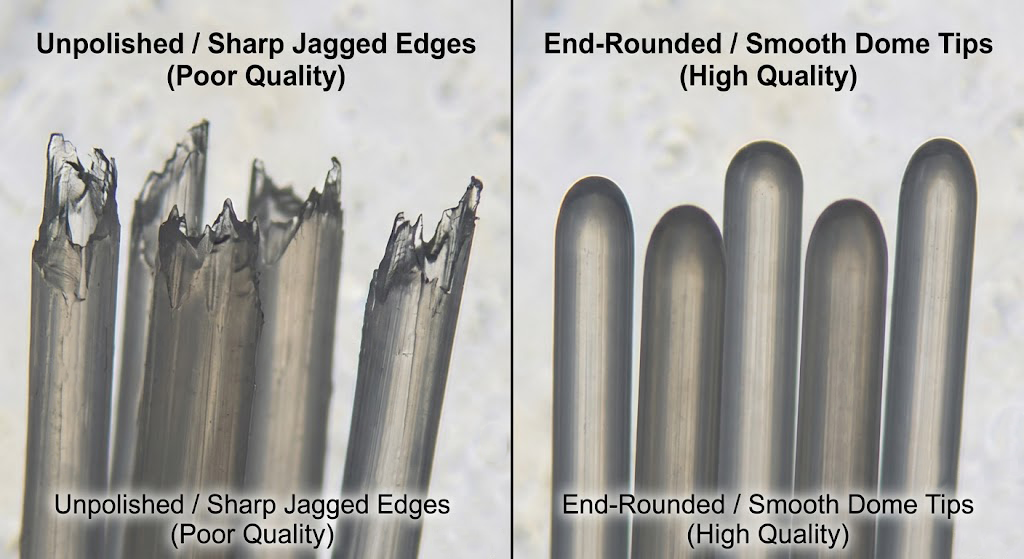 Microscopic view comparing smooth end rounded bristles to sharp unpolished filaments