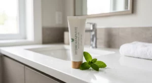 Modern hydroxyapatite toothpaste with mint and water droplets on a clean bathroom counter, illustrating a natural and premium oral care product.