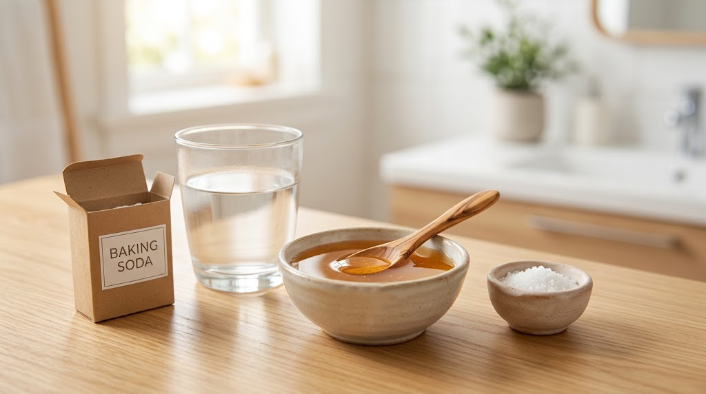 Natural home remedies for a canker sore, including a bowl of honey, warm saltwater, and baking soda.