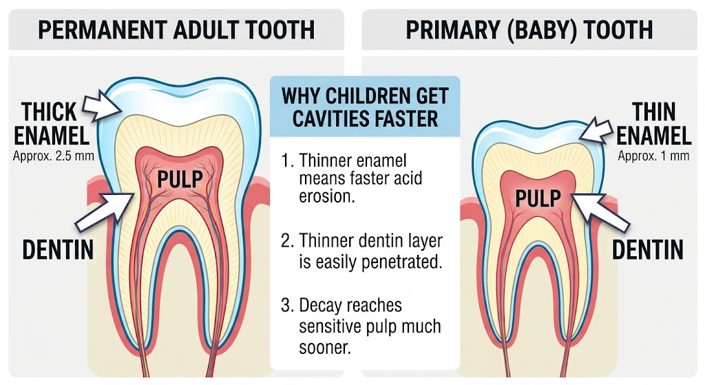 Cross-section comparison of adult tooth versus primary tooth showing thinner enamel in children