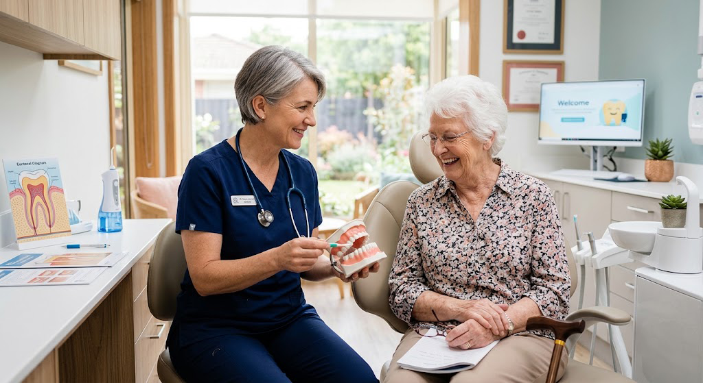 Senior patient consulting dentist on how to avoid tooth loss with age