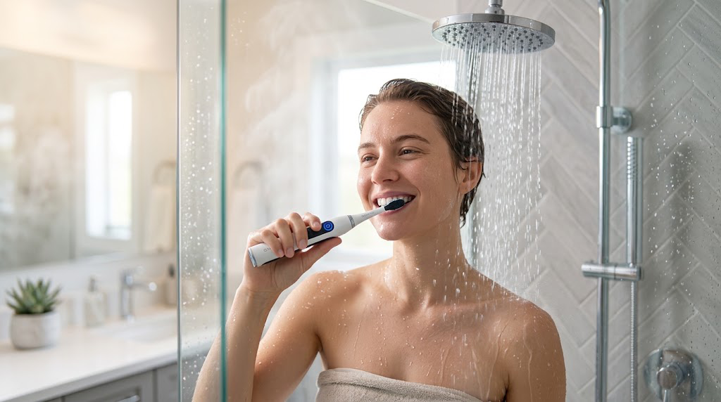 Person using an IPX7 waterproof electric toothbrush while taking a shower