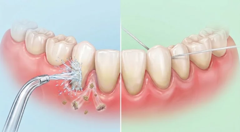 Water flosser vs string floss comparison illustrating pulsed water stream plaque removal versus traditional dental floss scraping action.