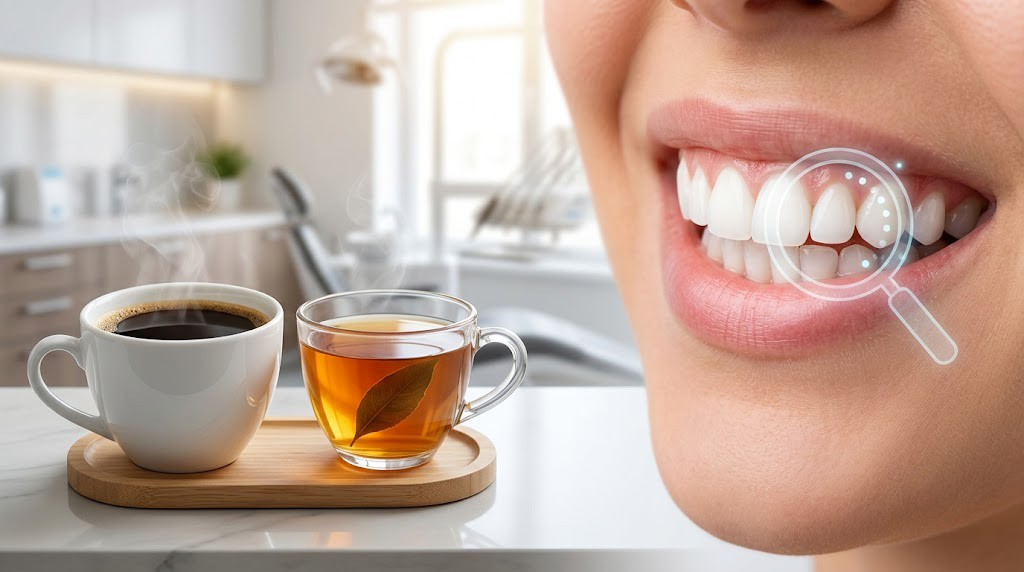 A hot cup of dark coffee and tea alongside a bright white smile showing how coffee stains teeth.