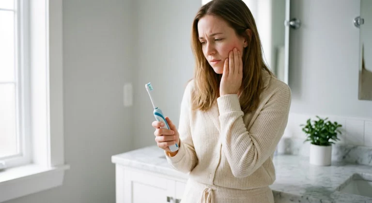 A person holding her painful cheek after using a new toothbrush because her gums hurt after new toothbrush switch.