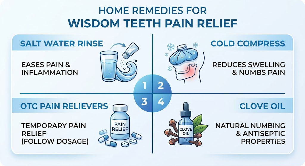 A summary infographic of home remedies for wisdom teeth pain relief