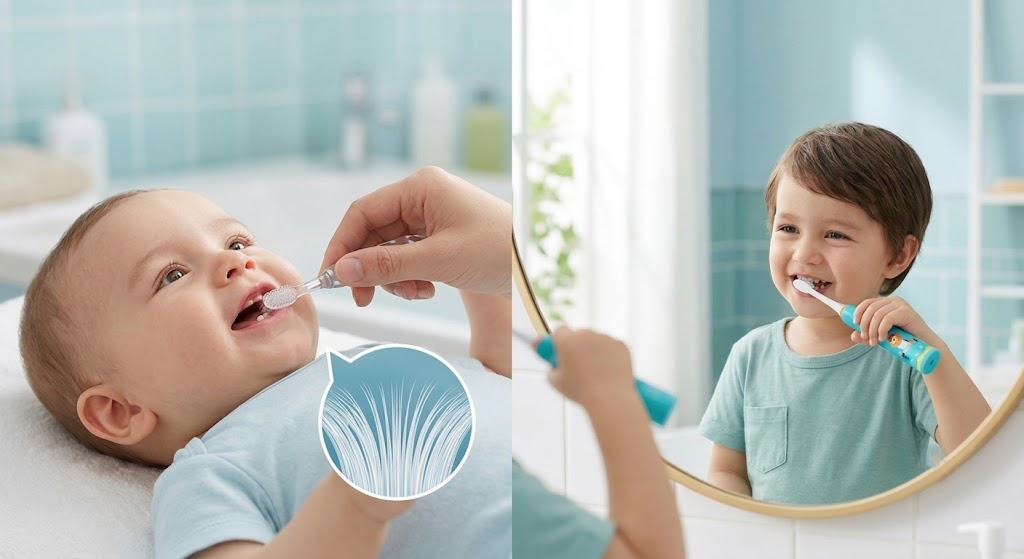 Parent gently cleaning baby teeth with an ultra-soft kids toothbrush