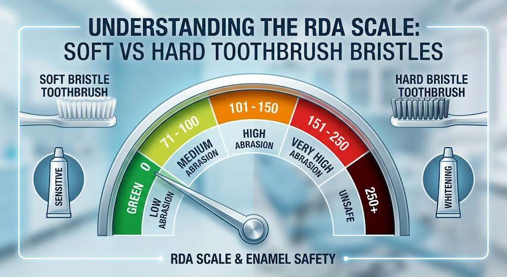 Relative Dentin Abrasivity RDA scale chart showing low to unsafe abrasion levels for enamel safety