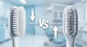 Macro side by side comparison of soft vs hard toothbrush bristles showing filament texture