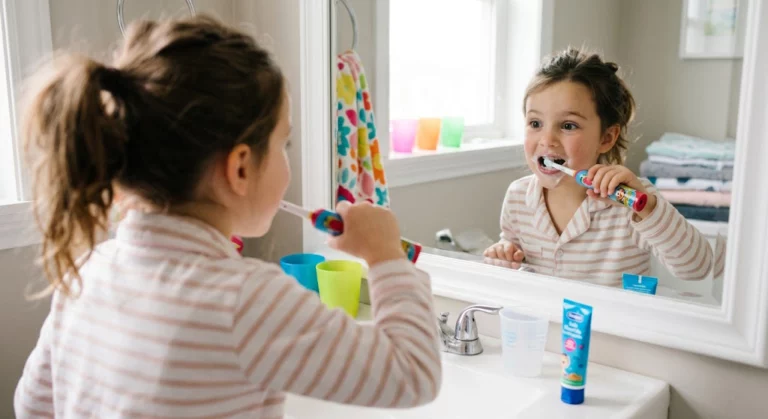 Young girl brushing her teeth in front of a bathroom mirror using a kids electric toothbrush to prevent cavities in children