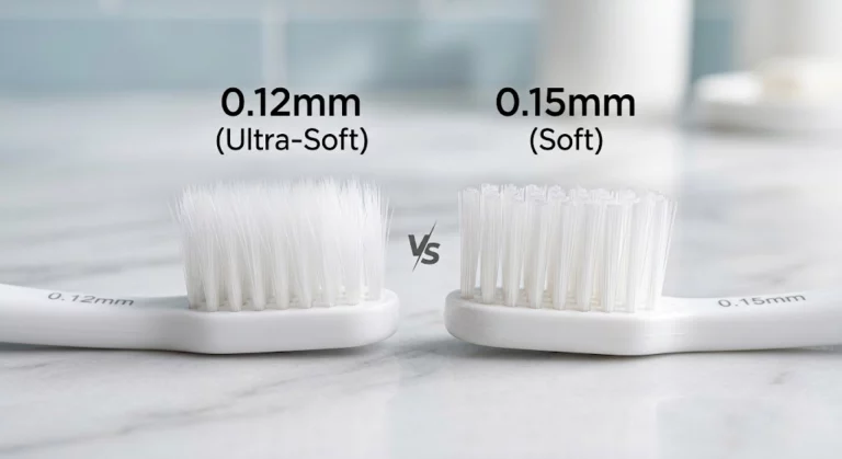 Macro side-by-side comparison of 0.12mm vs 0.15mm bristle diameter toothbrush heads showing bristle thickness and density differences.