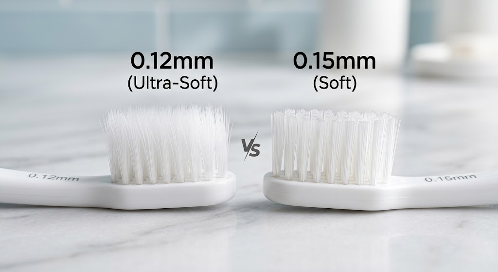 Macro side-by-side comparison of 0.12mm vs 0.15mm bristle diameter toothbrush heads showing bristle thickness and density differences.