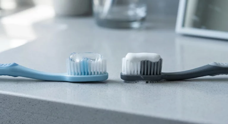 Side-by-side comparison of clear gel vs opaque toothpaste on toothbrush bristles